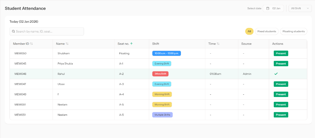 Librify Attendance Desktop View - Student attendance table with shift filters